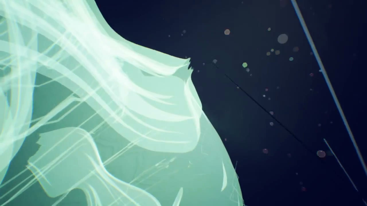 A pale green, cloth-like form drifting in dark water with fine particles and thin lines of light
