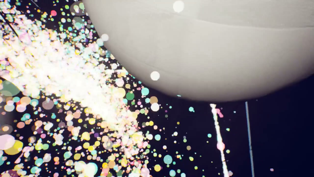 Dense coloured particles filling dark water beside a large pale sphere